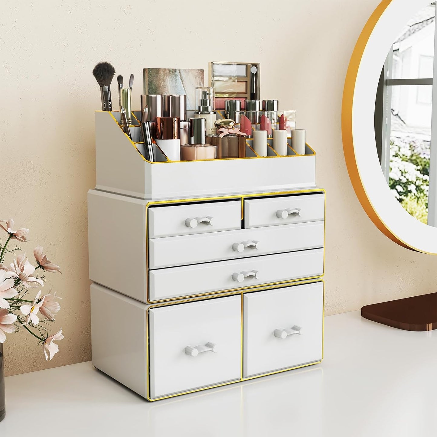3-Tier 6-Drawer Makeup Organizer - Stylish Countertop Cosmetic Storage for Dresser & Vanity | White with Gold Edges