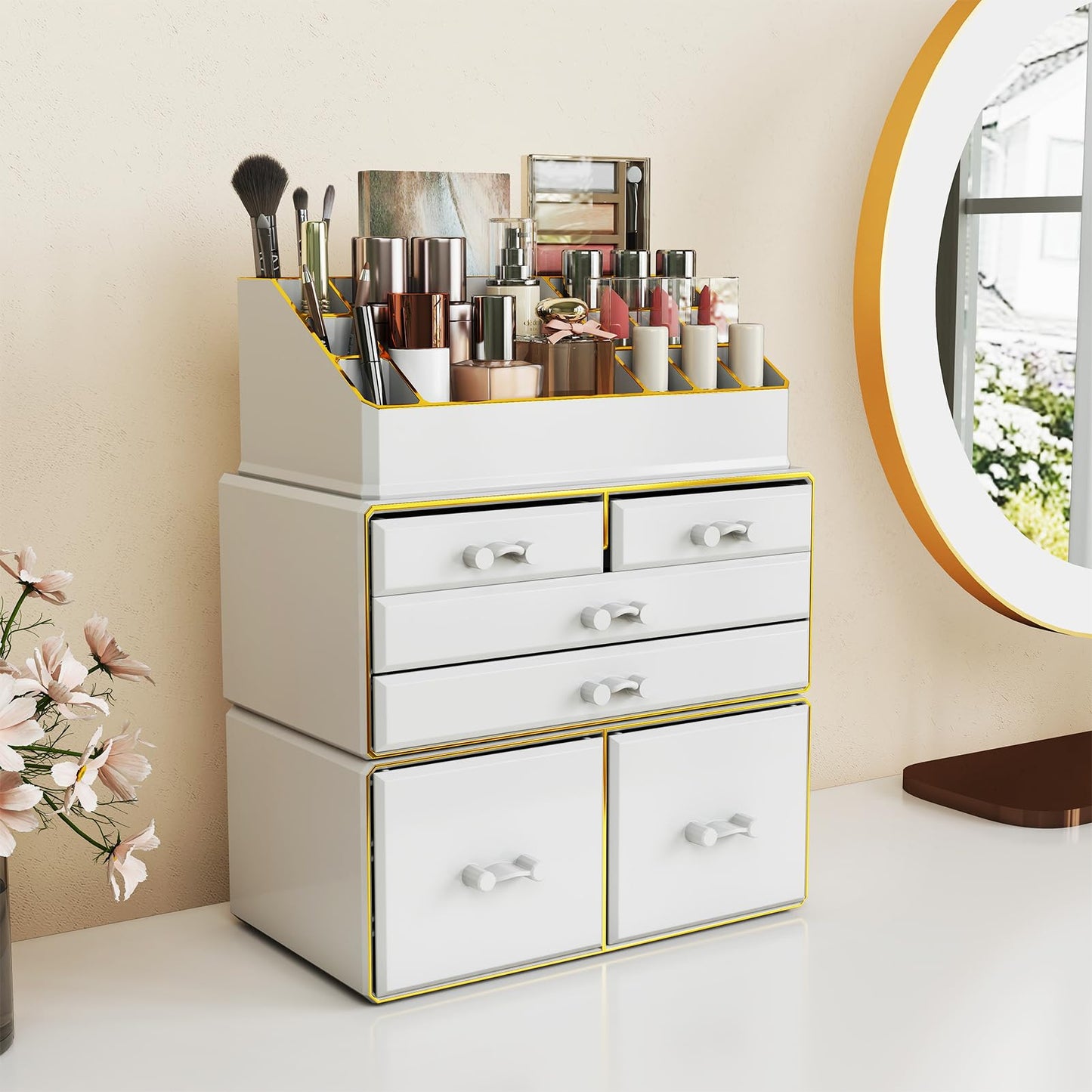 Delamu 3-Tier 6-Drawer Makeup Organizer Countertop Cosmetic Organizer for Dresser and Vanity Bathroom Organizers and Storage for Lipstick Brush Skincare Perfume, Nail Polish, White with Gold Edges