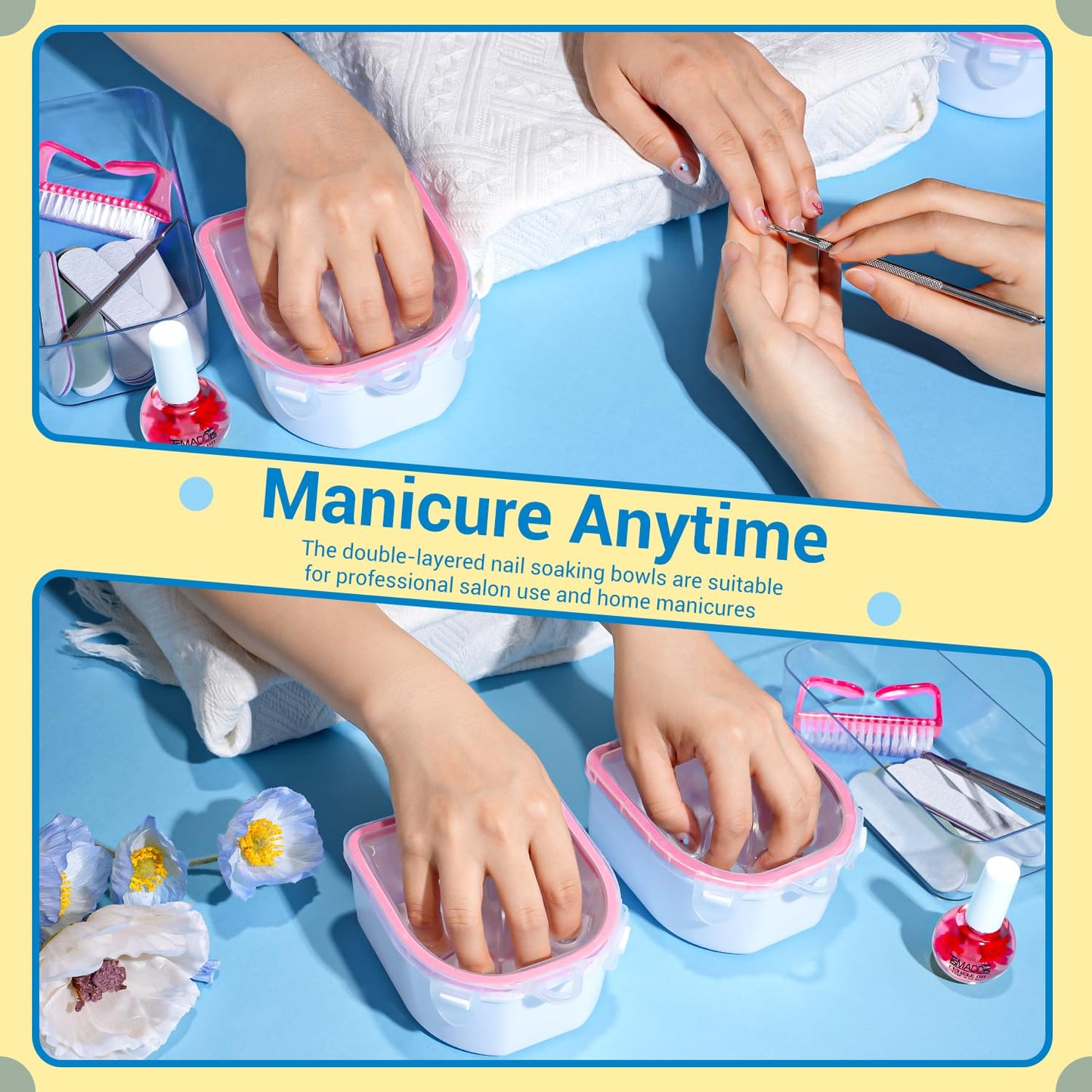 Nail Polish Remover Kit - 2 Soaking Bowls, Cuticle Tools, Oil, Files & Buffers | Complete Manicure Set