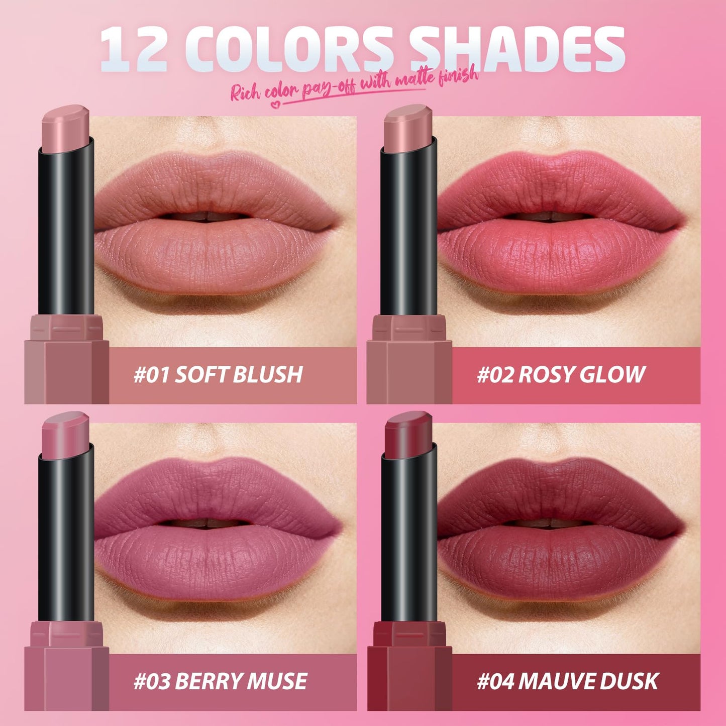 Jolilab 10Pcs Velvet Matte Lipstick Nude Matte Soft Dark Color Stick High Pigmented Long-Lasting Waterproof Lip Stick Lip Balm Beauty Cosmetics Gift for Women(Curated 10-Shade Set)