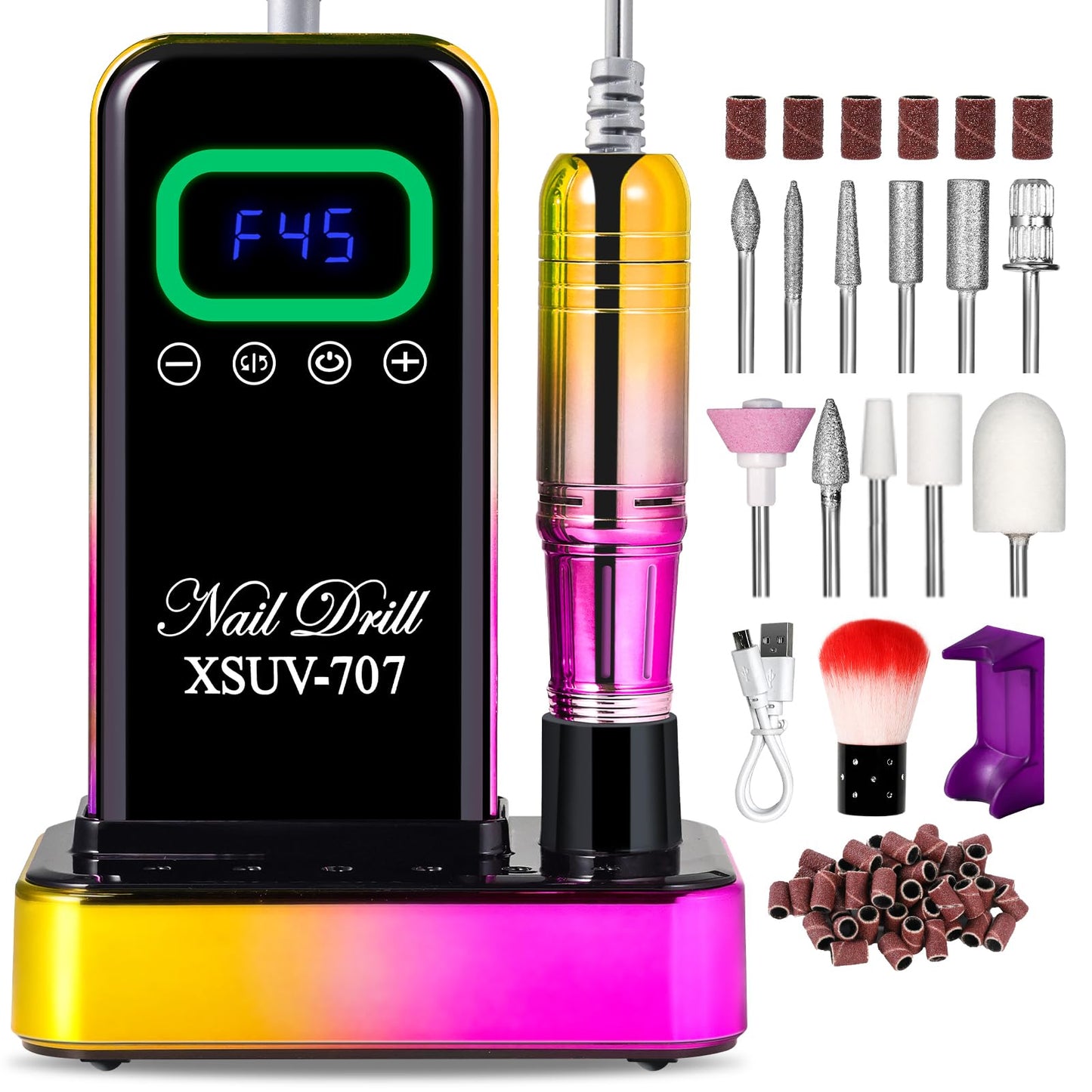 Cordless Nail Drill 45000 RPM, Rechargeable Electric Nail File Kit for Acrylic Gel Polishing Removing, Nail Drill kit with Bits & Base, Portable Nail E-File Machine for Manicure Pedicure Salon (Gold)