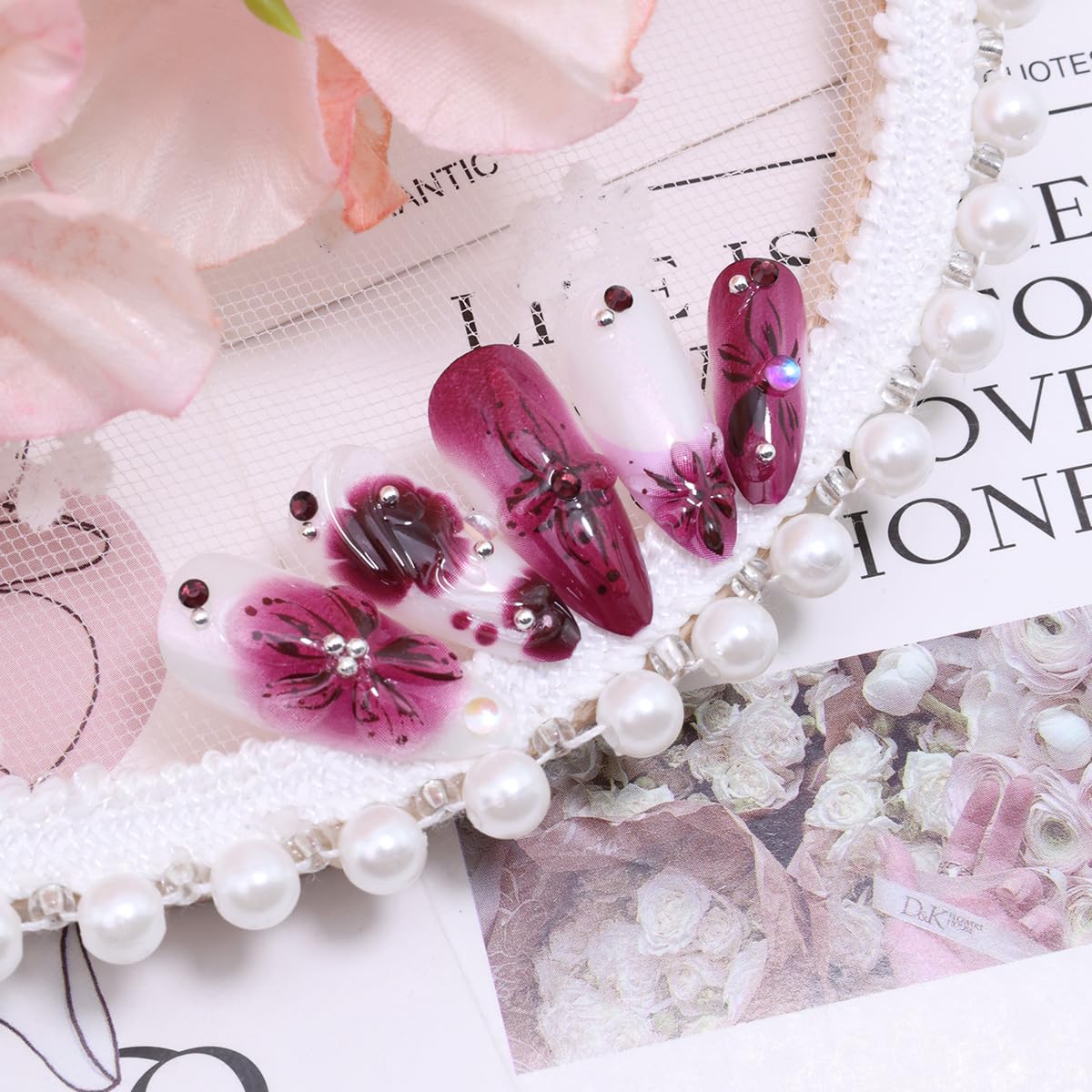 Floral Press-On Nails - 24Pcs Medium Almond Fake Nails with Rhinestones | Purple Full Cover Spring Acrylic
