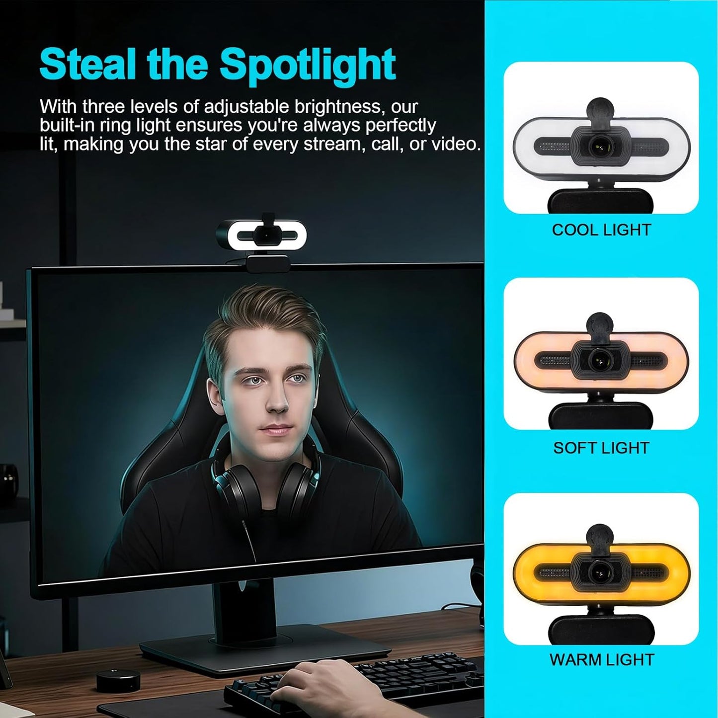 1080P Webcam with Microphone - Adjustable Ring Light & 110° Wide Angle View | USB Plug and Play for Desktop & Laptop