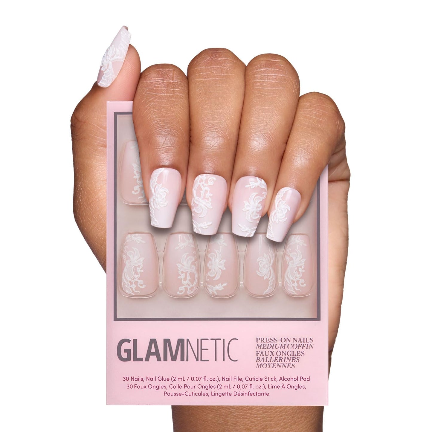 Glamnetic Press-On Nails - Pink Me Up Spring Almond Nails | Pastel Pink French Tips with 3D Pearls - 30 Nail Kit, 15 Sizes