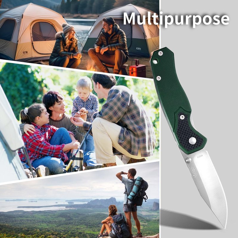 Vickay Pocket Knife, Pocket Folding Knives with Belt Clip, Tactical Camping Knife, 2.6in 8Cr13MoV Stainless Steel Blade, Non Slip G10 Handle, Dark Green