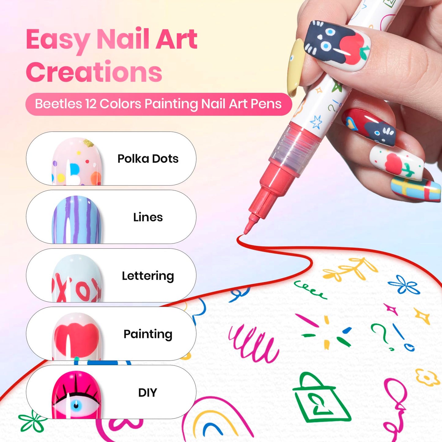 Beetles 12 Colors Nail Art Pens, 0.5mm Fine Line Nail Polish Pens Quick Air Drying Acrylic Paint Markers for Nails Art Design Painting Dotting Liner Brush, DIY Home & Salon Manicure Tools