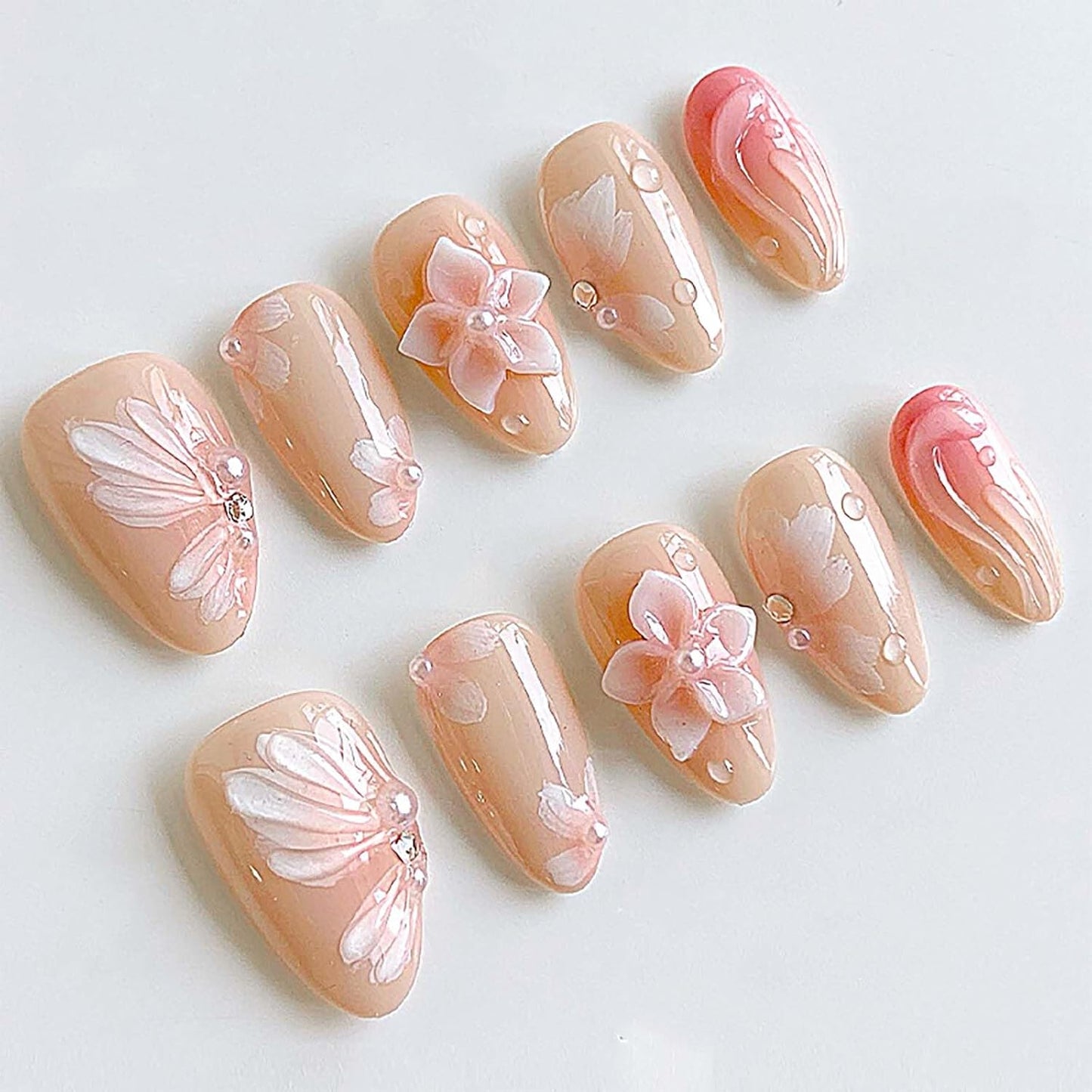 Press-On Nails - 24Pcs Medium Almond Beach Flower Design | Full Cover Acrylic with Shell & Starfish Rhinestones