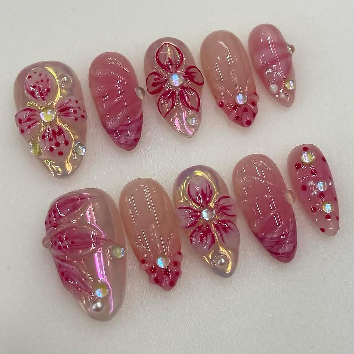 Press On Nails - 24Pcs Medium Almond French Tip with 3D Gold Starfish & Flower Designs | Full Cover Summer Acrylic Nails