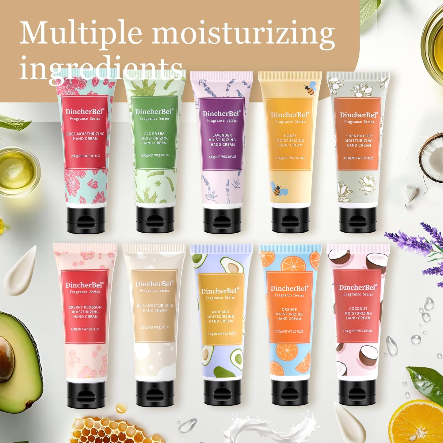 DincherBel 10 Pack Travel Hand Cream Set 30ml - Dry Skin Instant Moisturizer Gift Set