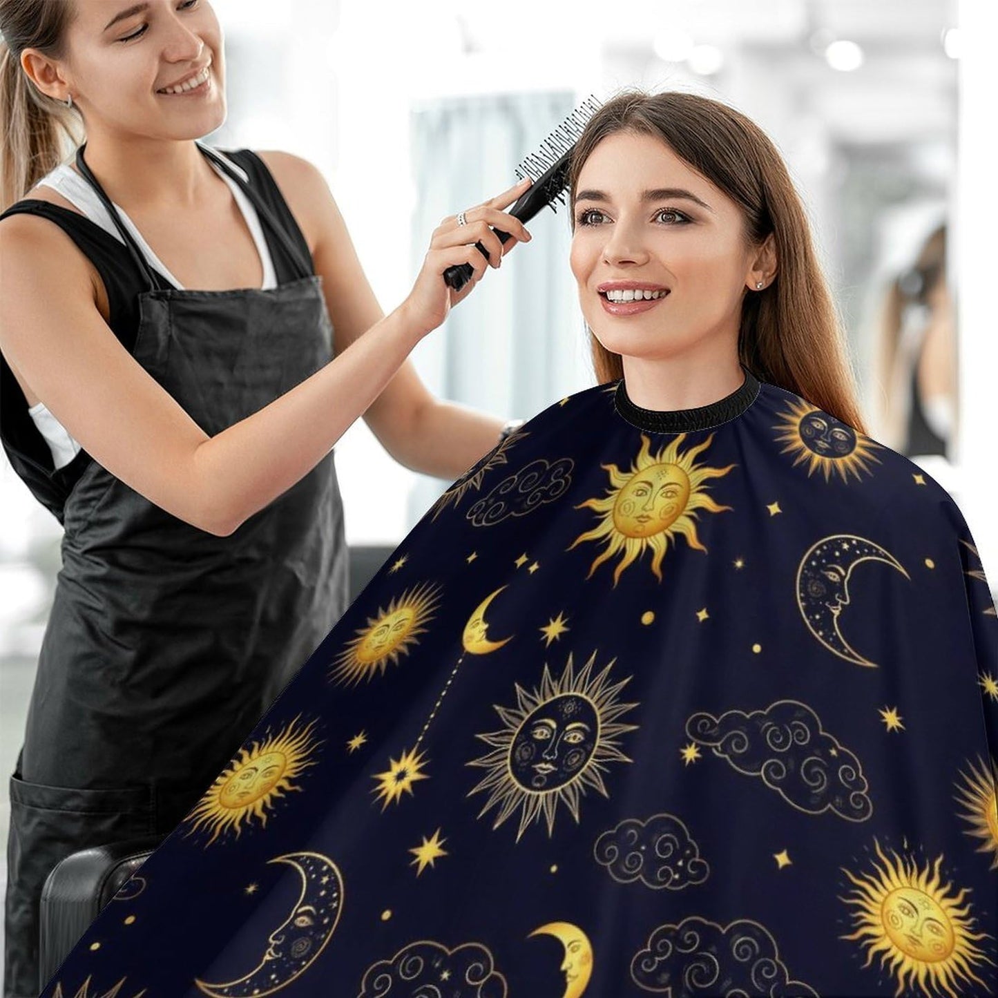 Fashion Salon Barber Cape Professional Hair Cutting Cape with Adjustable Snap Closure Sun Moon Boho Astrology