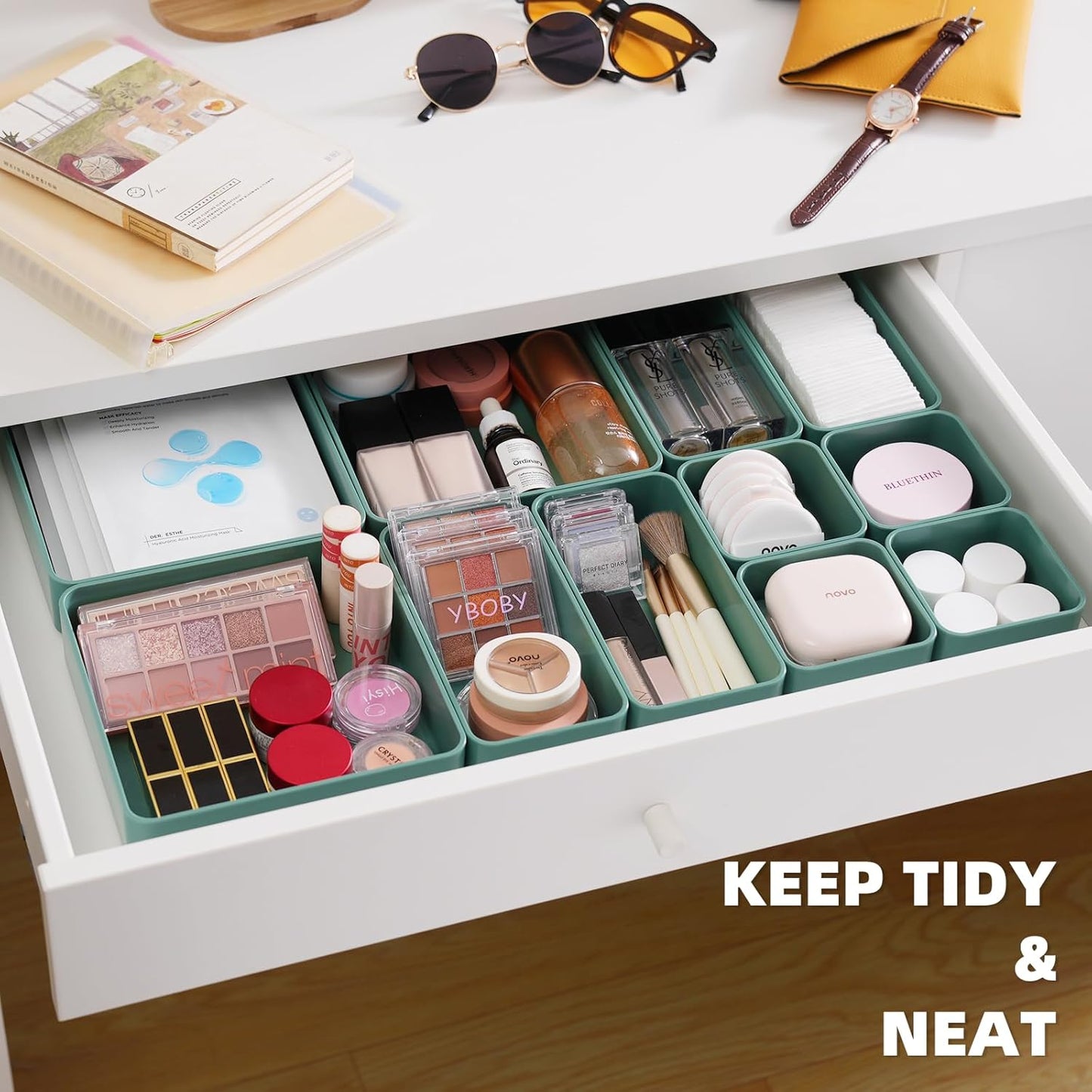 11-Piece Stackable Drawer Organizer Set - Multi-Size Storage Bins for Makeup, Stationery & Utensils | Versatile Vanity & Office Use