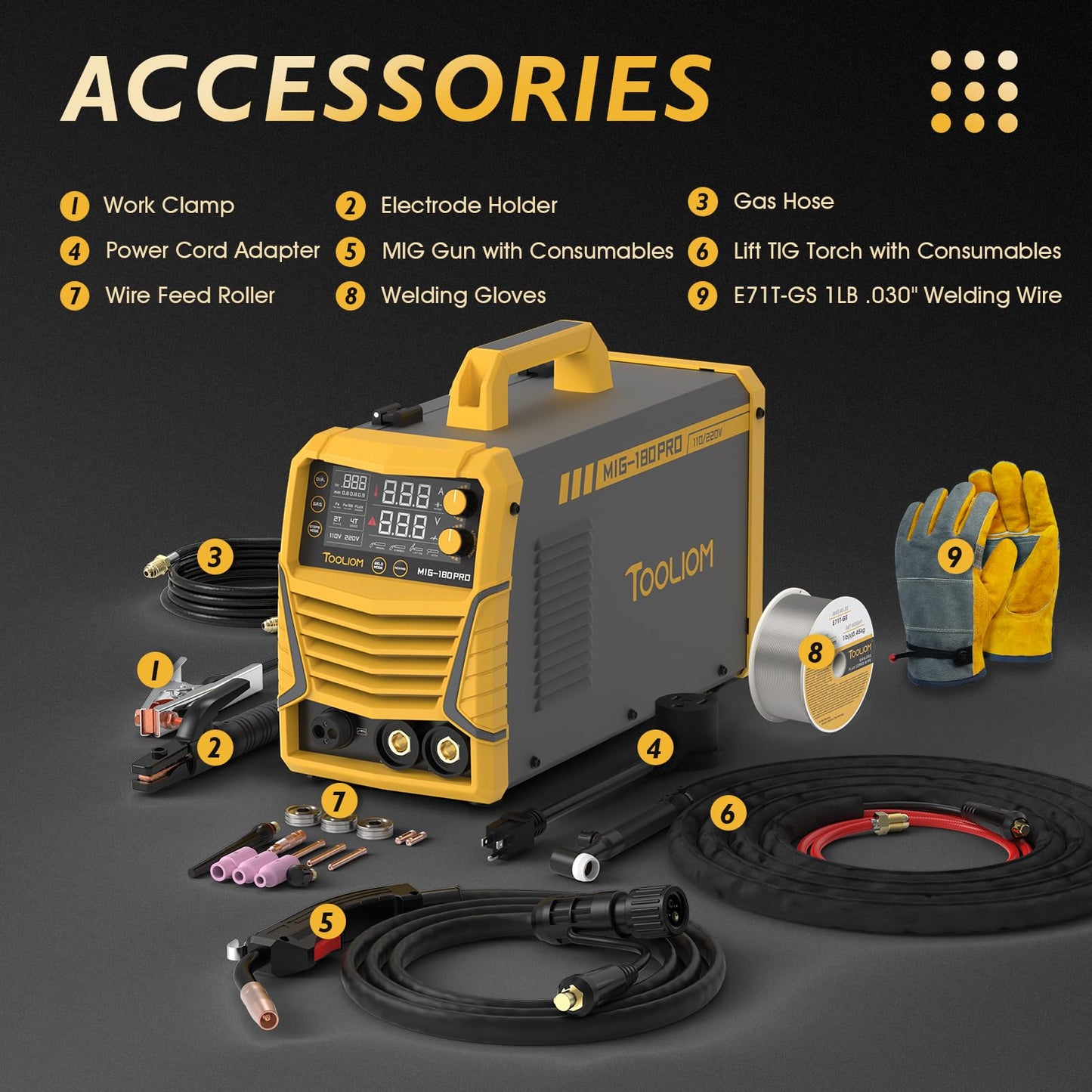 TOOLIOM 4 in 1 MIG Welder 180A Gas MIG/Flux MIG/Stick/Lift TIG Multiprocess Welding Machine 110V/220V Welder Kit with Lift TIG Torch