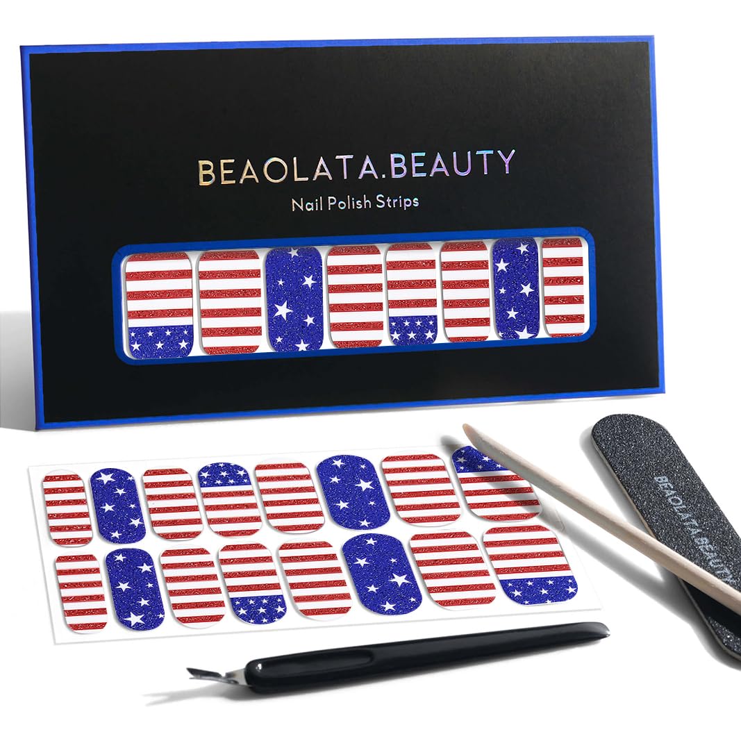 Beaolata Nail Polish Strips, 32PCS Salon Quality Wraps, Long Lasting Gel Nail Stickers for Women Easy Apply& Remove (Fourth of July Independence Day)