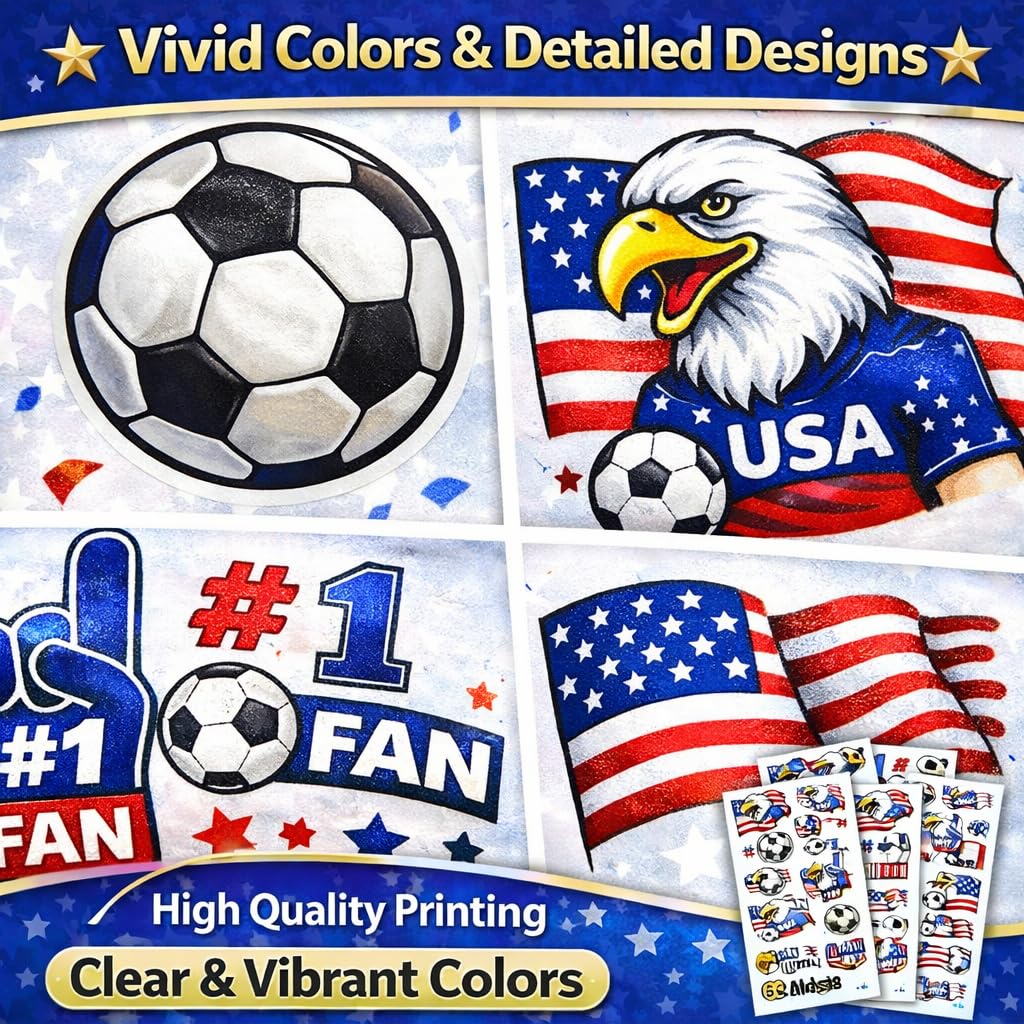 62Pcs Soccer Temporary Tattoos – USA Soccer Party Favors, American Flag Fan Tattoos, 2026 Soccer Cup Decorations, Birthday Party Supplies, Patriotic Tattoos for Fans, 2026 Soccer Celebration