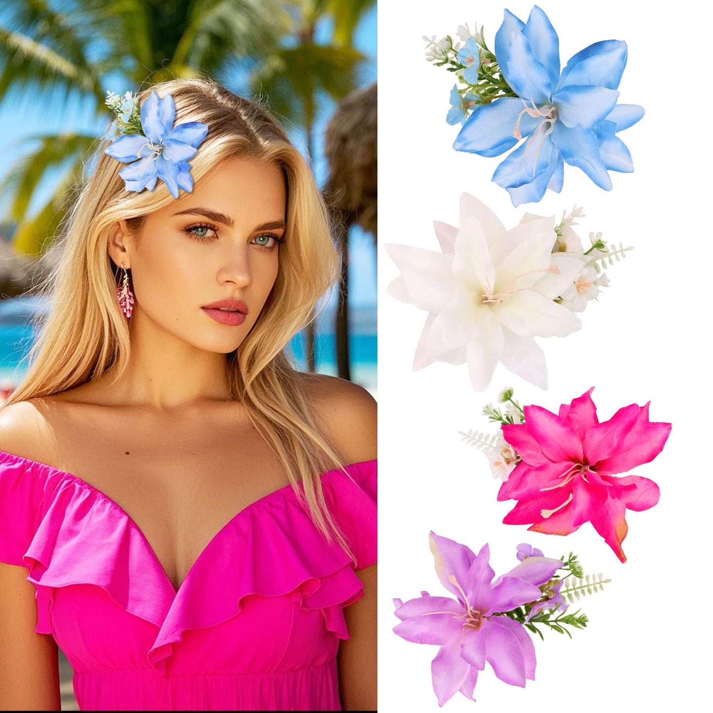 CURASA 4PCS Hawaiian Flower Hair Clips Artificial Tropical Lily Alligator Clips Luau Outfits Bohemian Flower Hairpins Accessories Beach Hair Bobby Pins Vacation Party Hairstyles For Women Girls