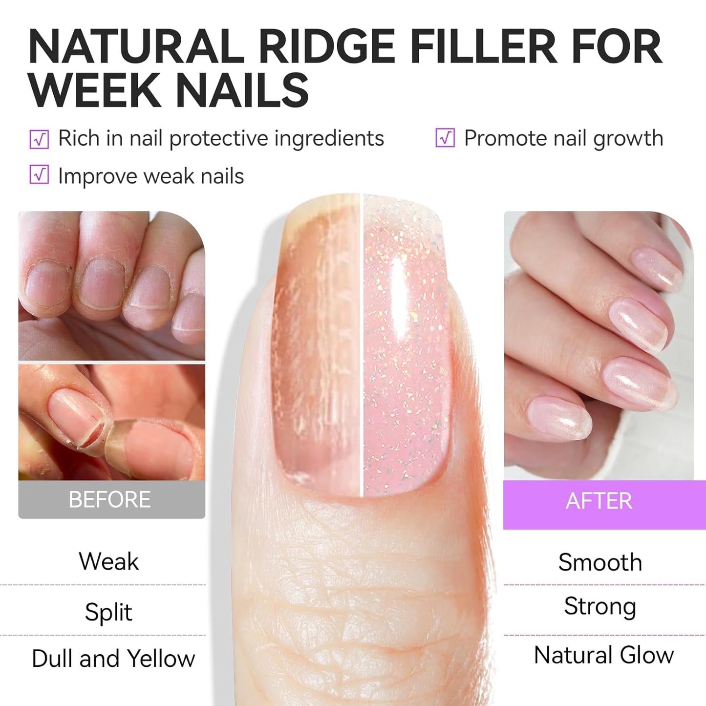 Nail Strengthener - Glitter Pink 15ml Natural Protein Hardener | Extra Strong Repair for Damaged Nails & Growth