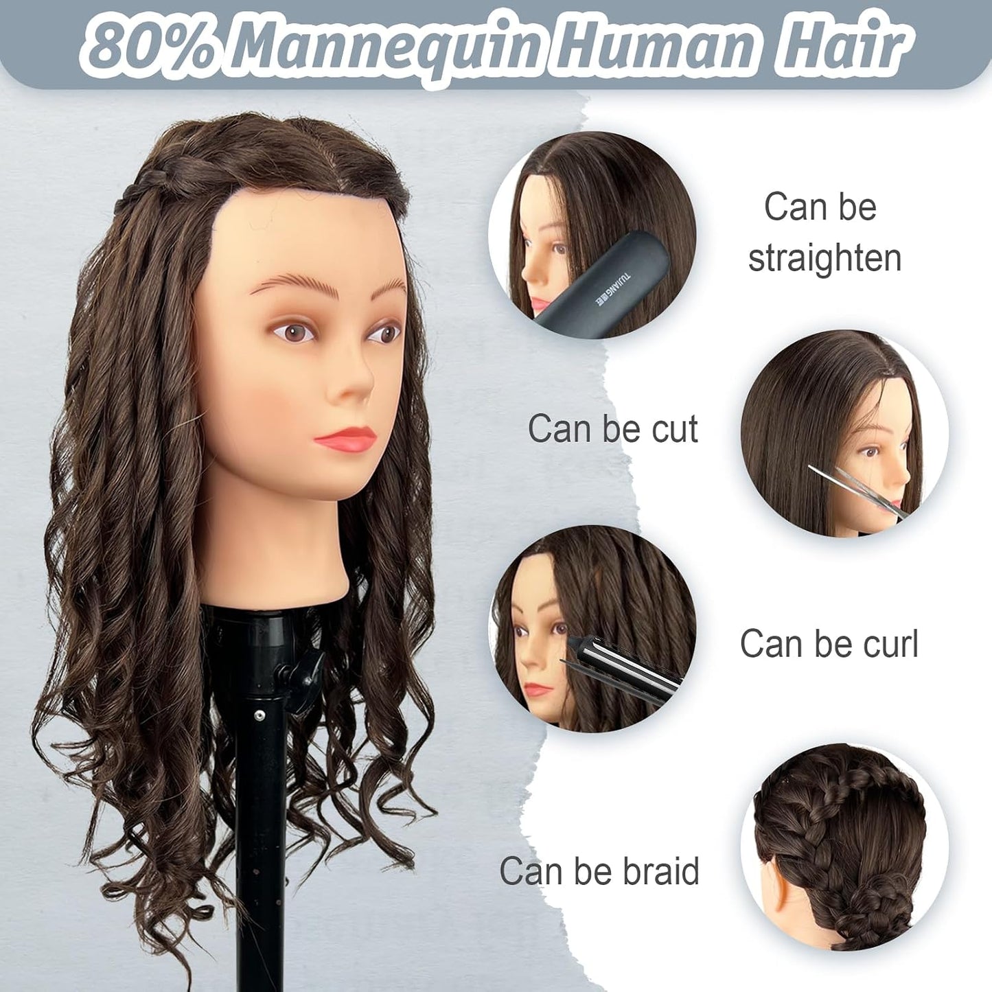 Mannequin Head - 80% Real Human Hair for Hairdresser Practice | Cutting, Braiding & Styling Tools Included