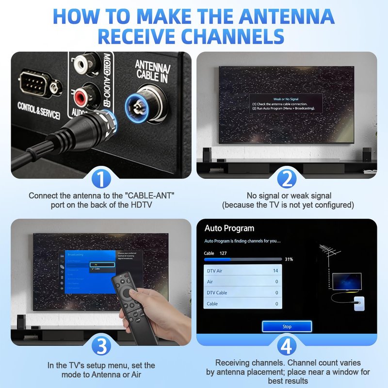 TV Antenna for HD Smart TV Indoor,1000+ Miles Range Digital Outdoor TV Antenna for Free Local Channels, Supports 8K/4K/1080P,33ft Coax Cable(Noir)