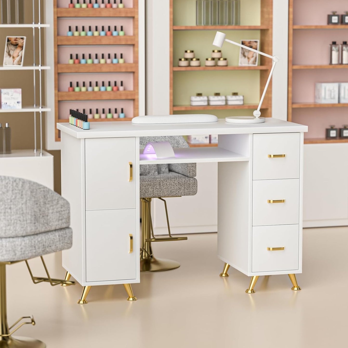 Manicure Table - Durable Nail Desk with 3 Drawers & 2 Cabinets | Acetone-Resistant, Versatile Salon Station (White-Gold)