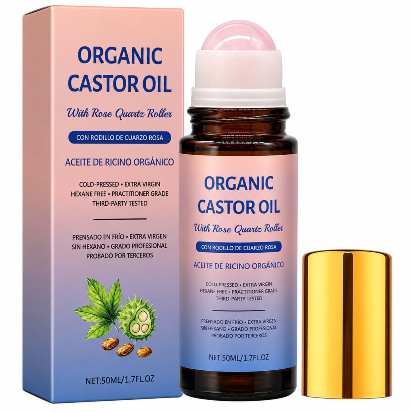 Organic Castor Oil Roll On, 100% Pure Castor Oil with Real Rose Quartz Roller Ball, Cold Pressed Castor Oil for Hair, Eyelashes, Eyebrows, Skin & Nails, Mess-Free Face Roller Beauty Oil, 1.7 fl oz