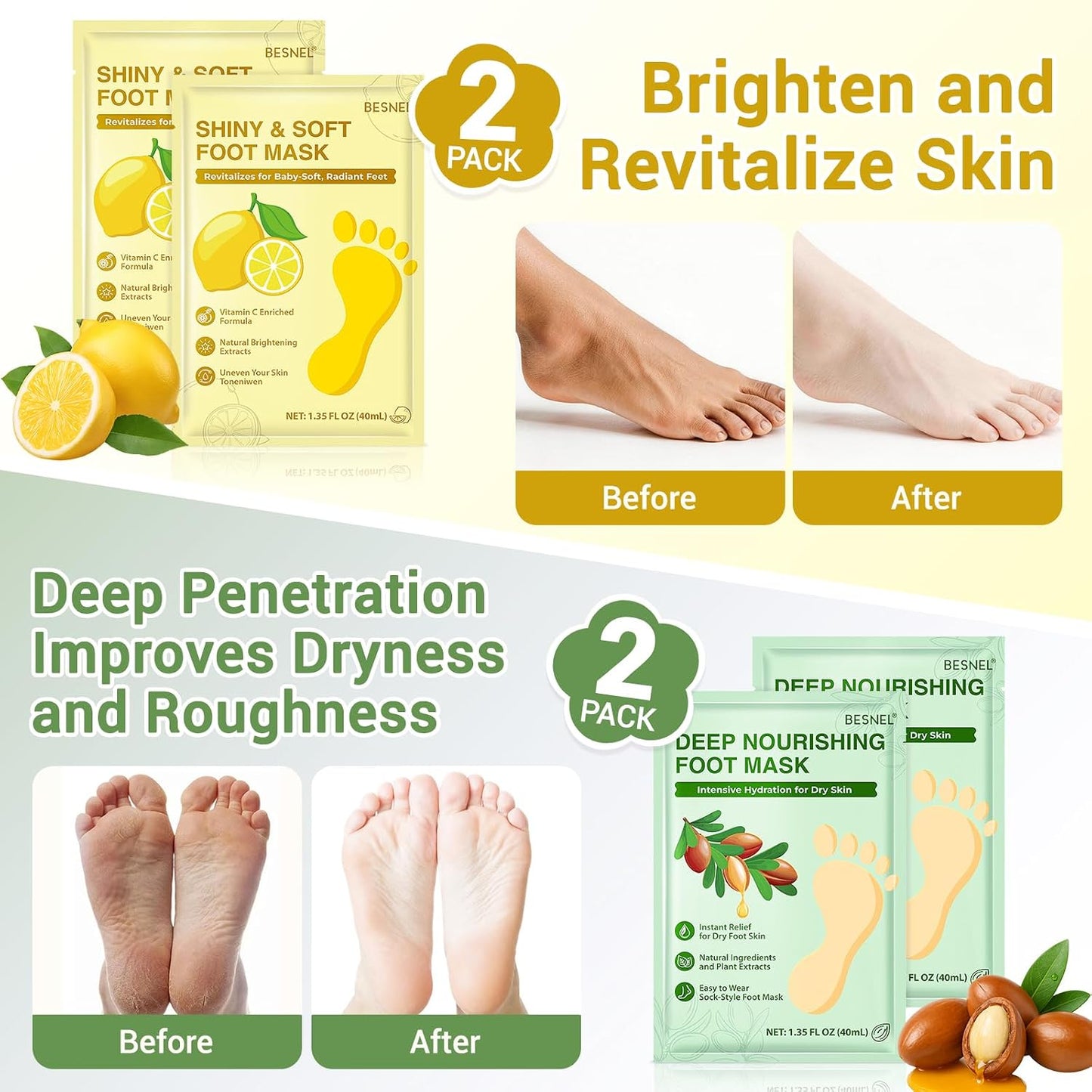 Moisturizing Foot Mask - Hydrating Socks for Dry Cracked Feet | 8 Pack, 4 Styles for Soft Skin