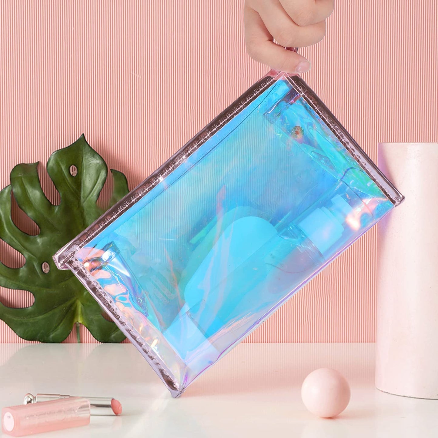 BESARME 10 Pcs Holographic Makeup Bags, Clear PVC Travel Toiletry Bag Iridescent Pouch Portable Zippered Waterproof Cosmetic Bag SPA Bathroom Vacation Party Favors Bachelorette Gifts Wedding Favors