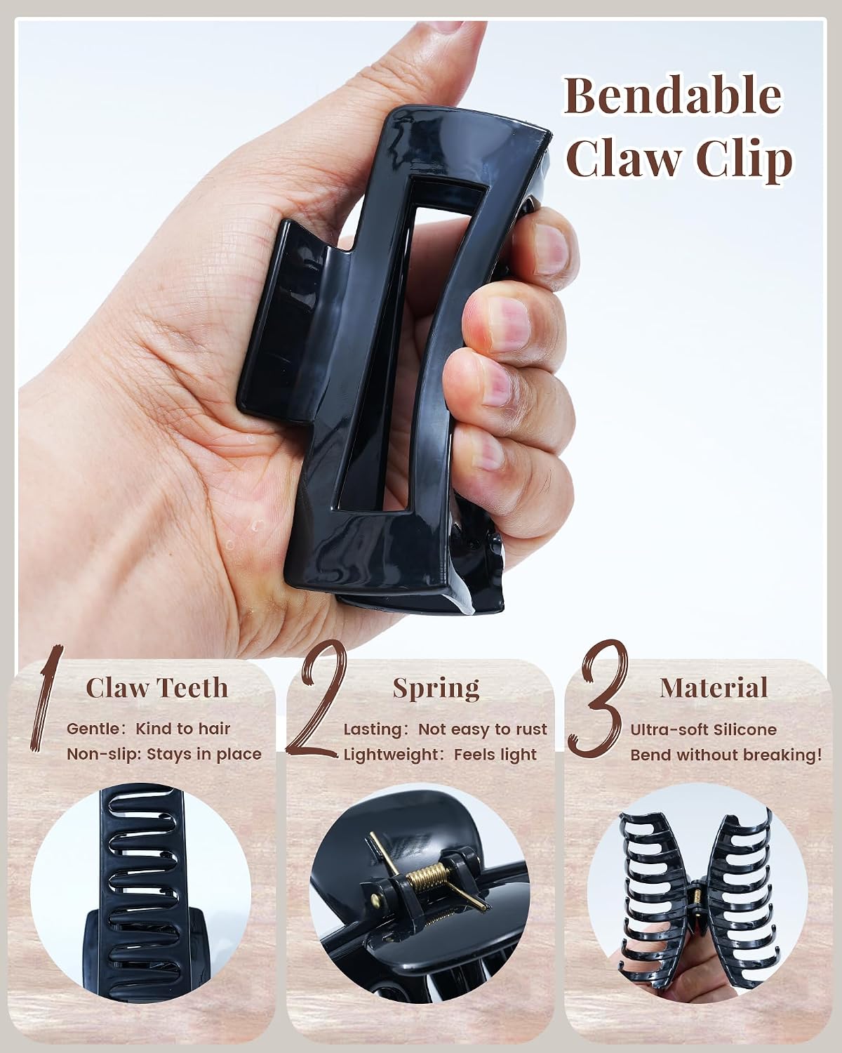 Silicone Hair Claw Clips - 4 Pack Nonslip Flexible Hair Grips for All Hair Types | Black & White