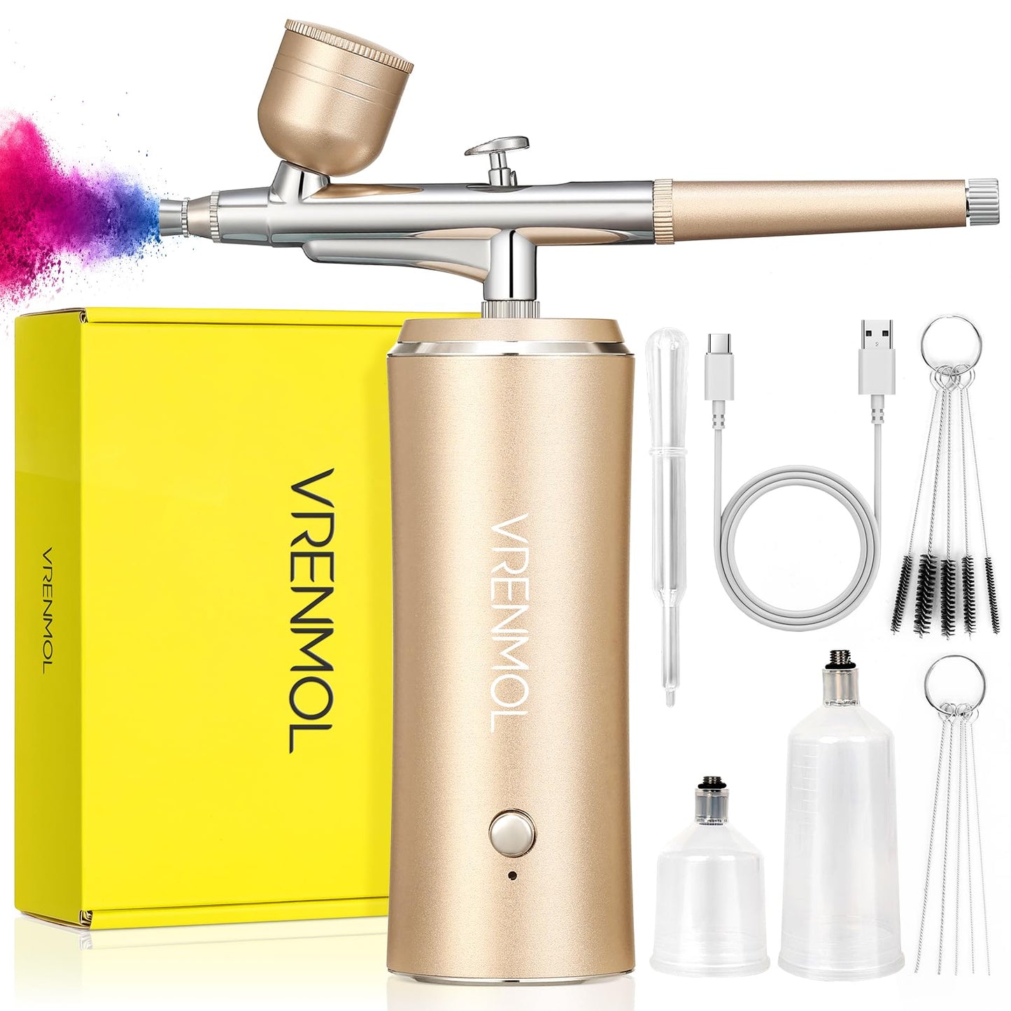 Vrenmol Airbrush Kit: Micro-Flow Precision Airbrush for Nails with Compressor Rechargeable Three-Mode Nail Airbrush Machine 0.3mm Nozzle Nail Art Airbrush Kit for Ombre French Nails Salon