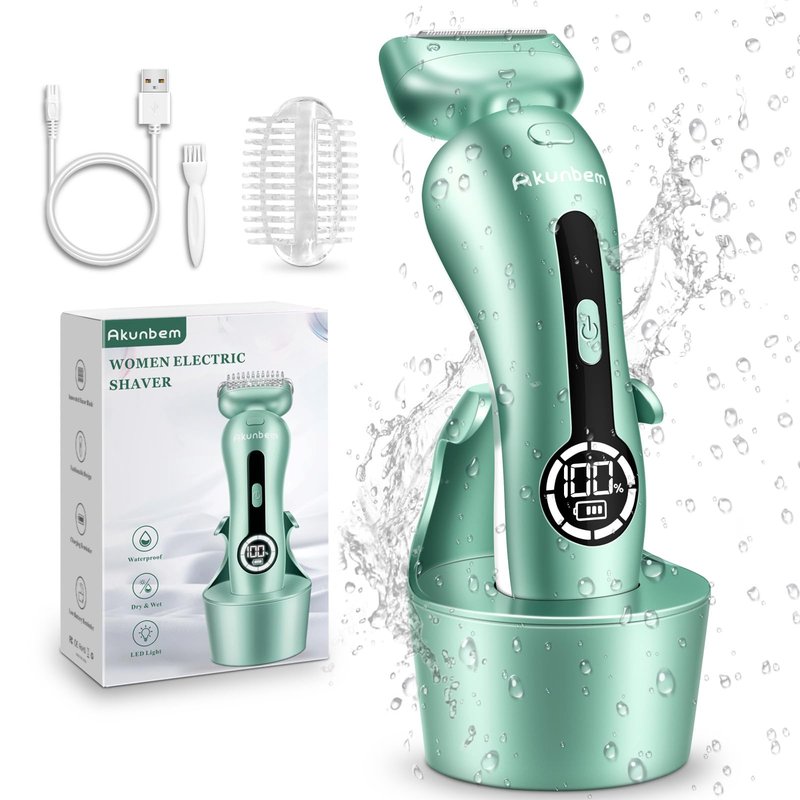 Akunbem Electric Razor for Women for Legs Bikini Trimmer Electric Shaver for Women Underarm Public Hairs Rechargeable Womens Shaver with Detachable Head Wet Dry Use Painless Cordless (Green)