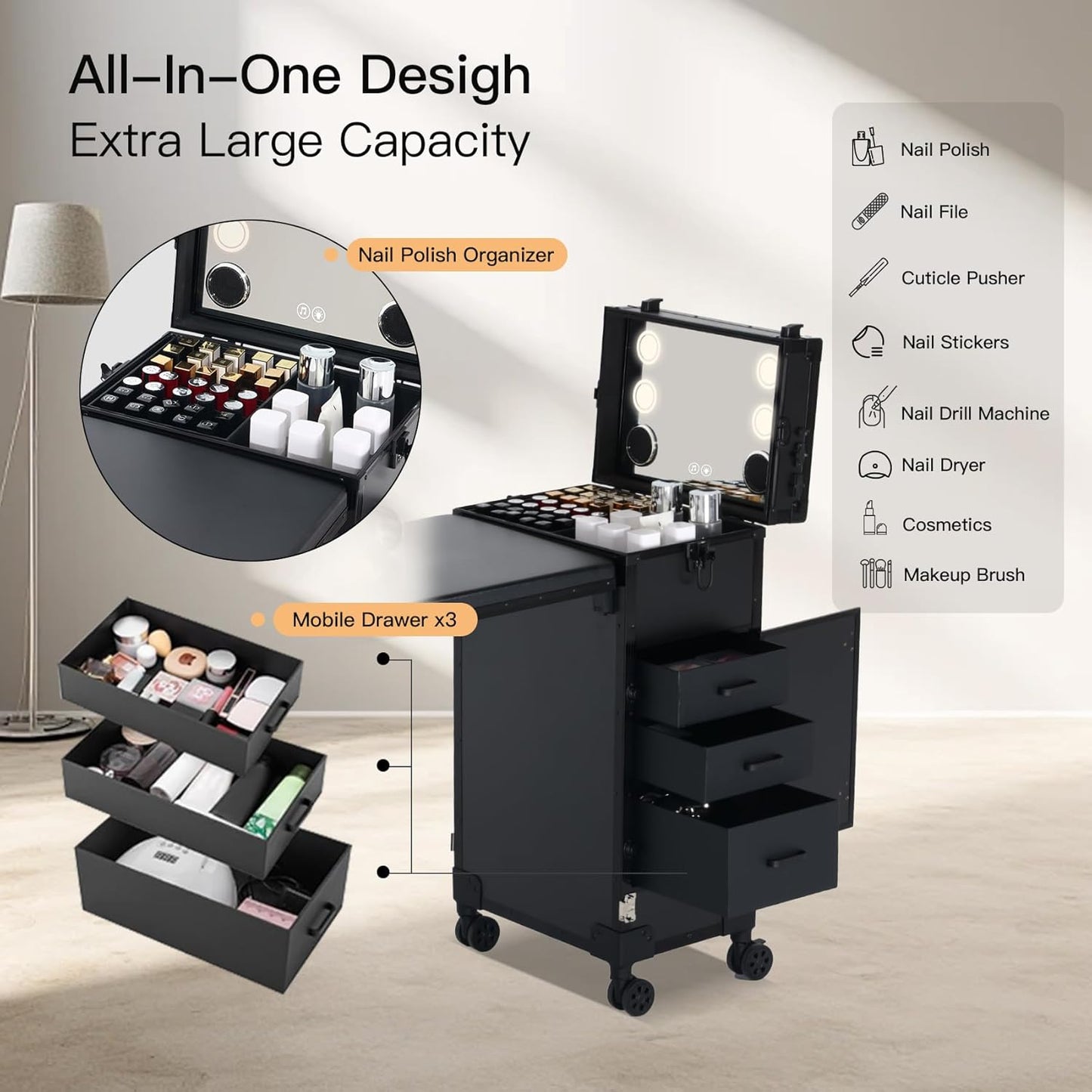Portable Nail Desk - Foldable Manicure Table with 3 Drawers & Mirror | Mobile Nail Tech Workstation with Wheels, Black