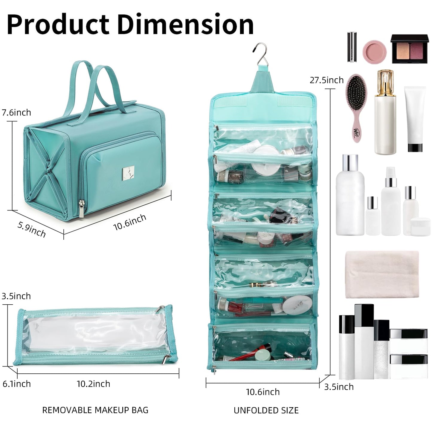 ROYALFAIR Roll Up Makeup Bag, Waterproof Toiletry Bag for Women, Hanging Travel Organizer with Jewelry Organizer Compartment, Extra Large 4 Clear TSA Approved (light blue)