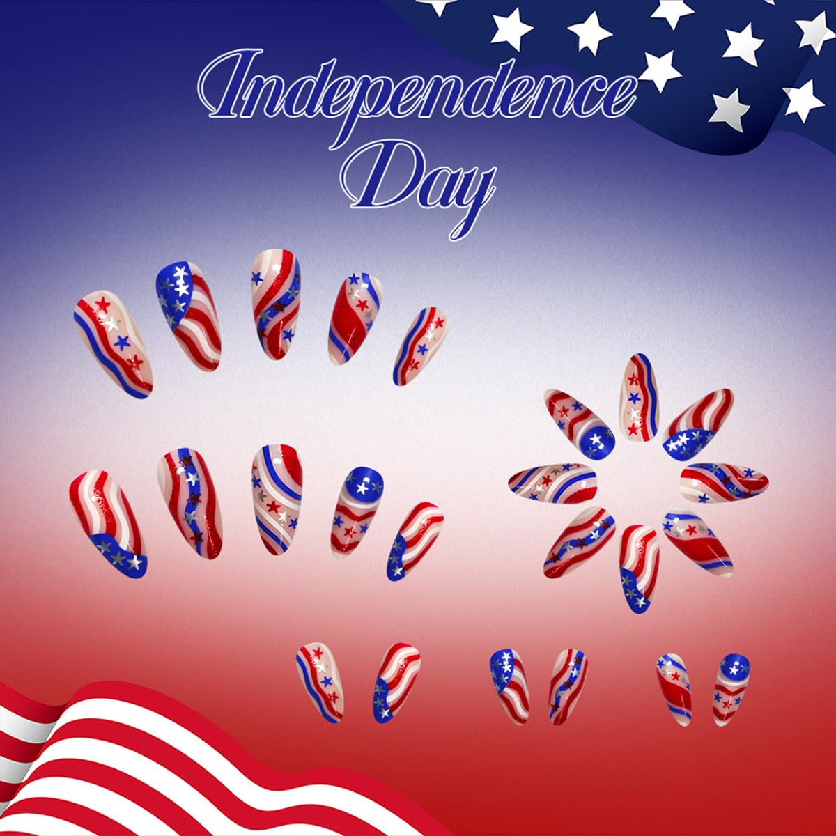 4th of July Press on Nails Medium - Almond Patriotic Fake Nails with Gingham, Star & Flower Designs, Independence Day False Nails for Women 24Pcs