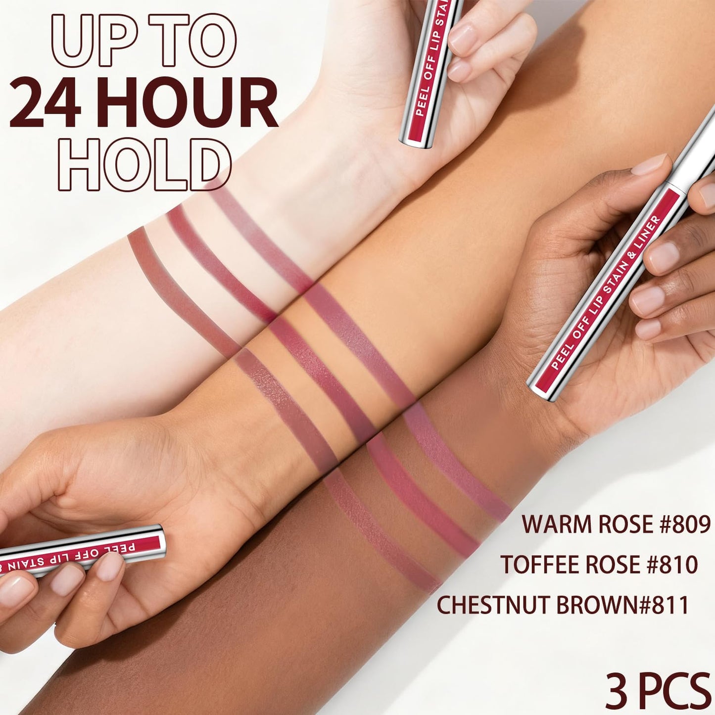 JUNECODE 3Pcs Lip Stain Peel Off Set with Tweezer, Peel Off lip Liner Stain Long Lasting Waterproof, Matte Lip Tattoo Tint Transfer Proof, Highly Pigmented Color Lip Makeup(#809+810+811)