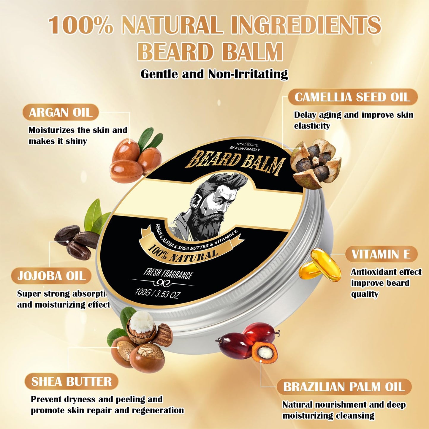 2 PACK Beard Balm for Men, 100% Natural with Shea Butter, Argan Oil, Jojoba Oil, Vitamin E - 7.06 OZ Beard Softener Moisturizer for Men