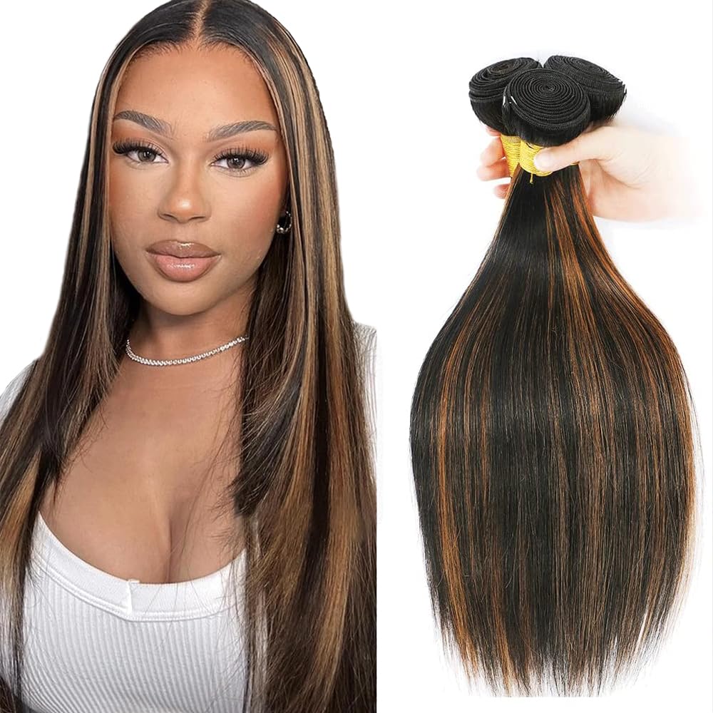 Highlight Bundles Ombre Straight Bundle Human Hair 20 22 24 Inch Two Tone Black Mixed With Light Brown Bundle Hair Extensions