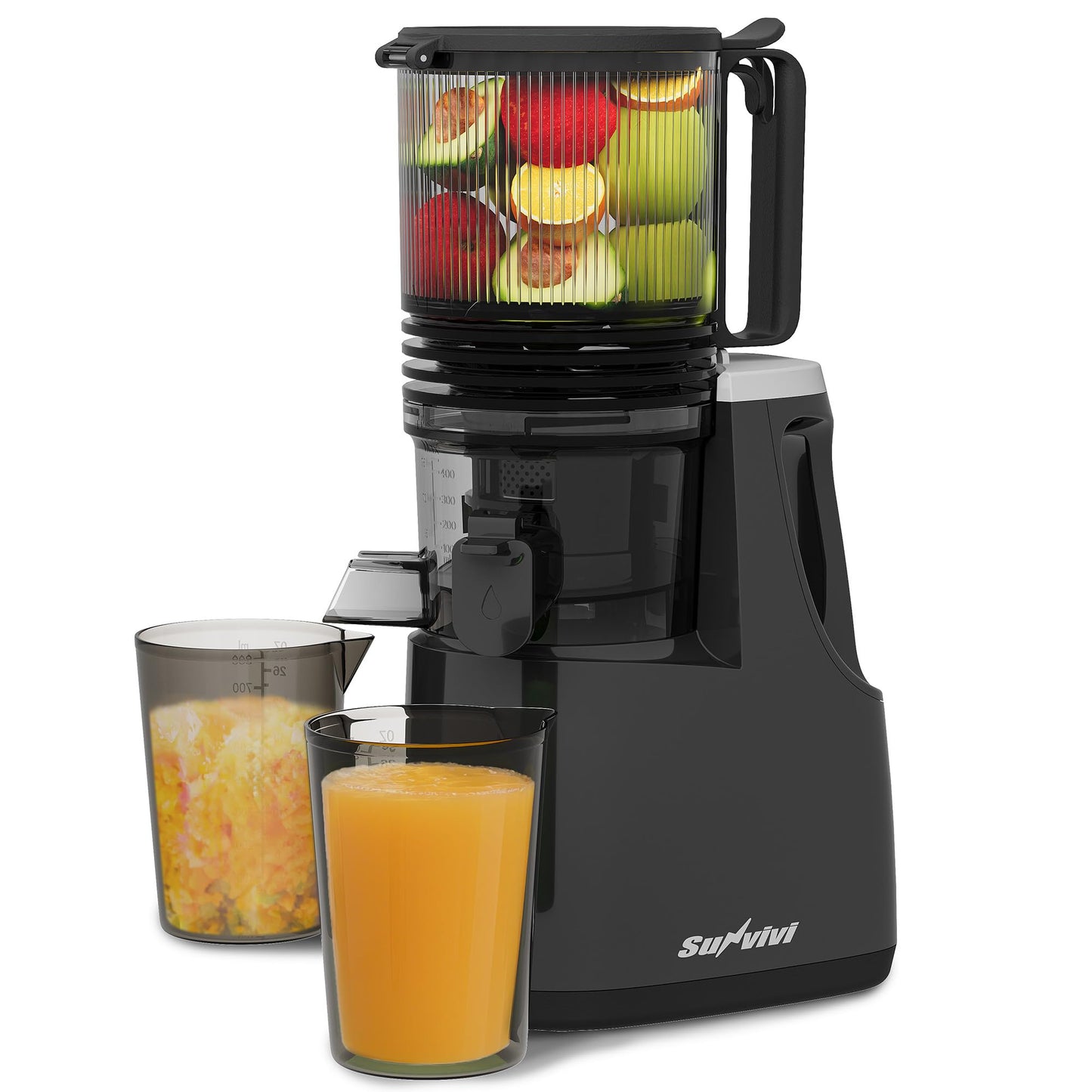 Sunvivi Cold Press Juicer with 5.9" Wide Feed Chute, 150W Slow Masticating Juicer Machines Fit Whole Vegetables & Fruits, Easy to Clean, Dual-Layer Strainer, High Yield Juicer for Home, Black
