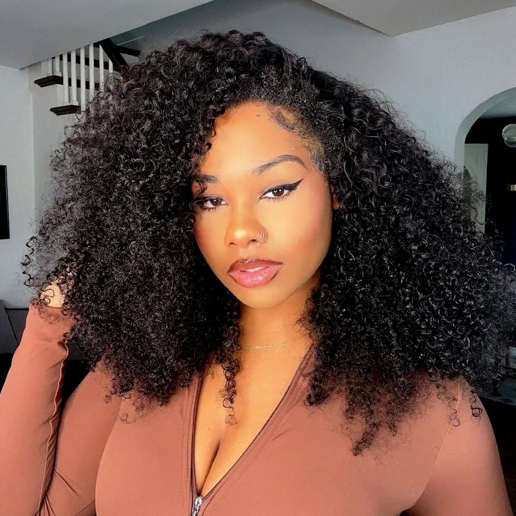 Glueless Half Wig - Kinky-Curly Human Hair Headband Wig | 200 Density, 16 Inch for Black Women