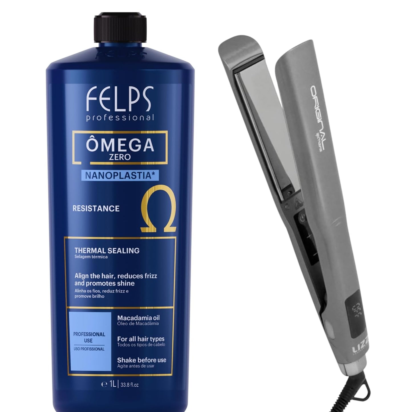Felps Professional Omega Zero Nanoplastia Thermal Sealing Kit - 33.8 fl oz | Includes Lizz Extreme Flat Iron, 500°F, LCD Display