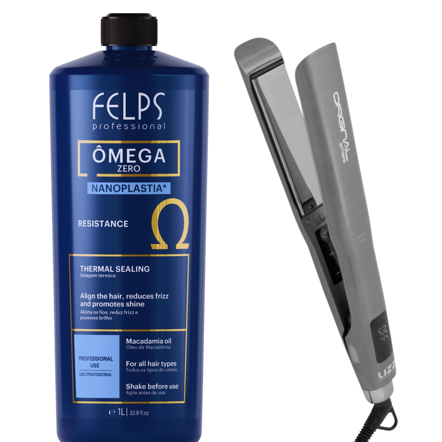 Kit Felps Professional Omega Zero Nanoplastia Thermal Sealing Kit, 33.8 fl oz, with Lizz Original Extreme Flat Iron, 500°F, LCD Display, Dual Voltage