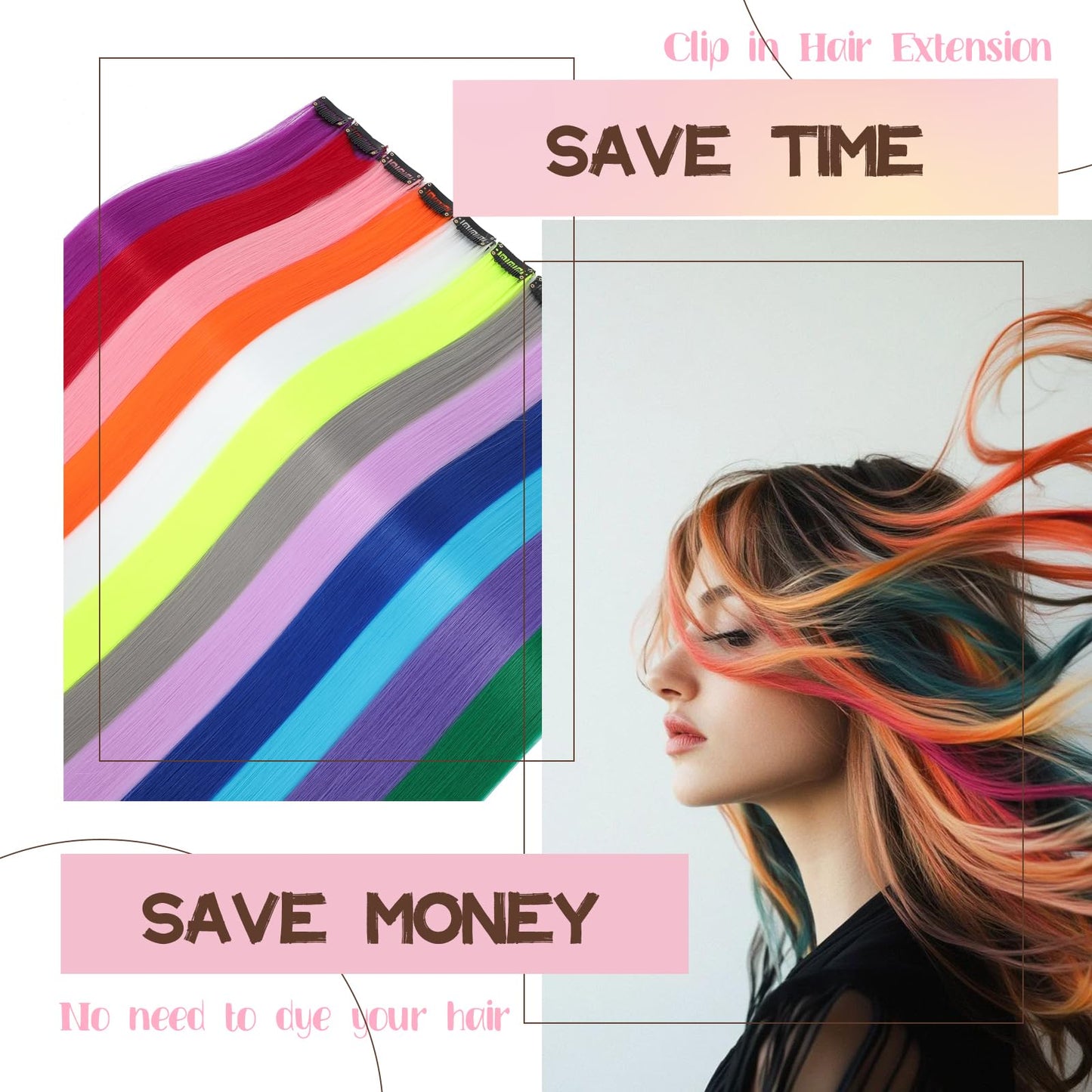 Colored Hair Extensions, 22 Inch Straight Clip in Hair Extension Body Face Hair Glitter Multi Color Rainbow Pink Red Hairpiece Extensions