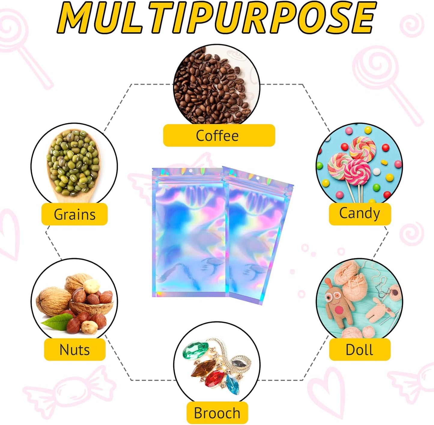 Holographic Smell Proof Bags - 100 PCS Resealable Mylar Gift Bags for Food & Jewelry | 3x5 Inch