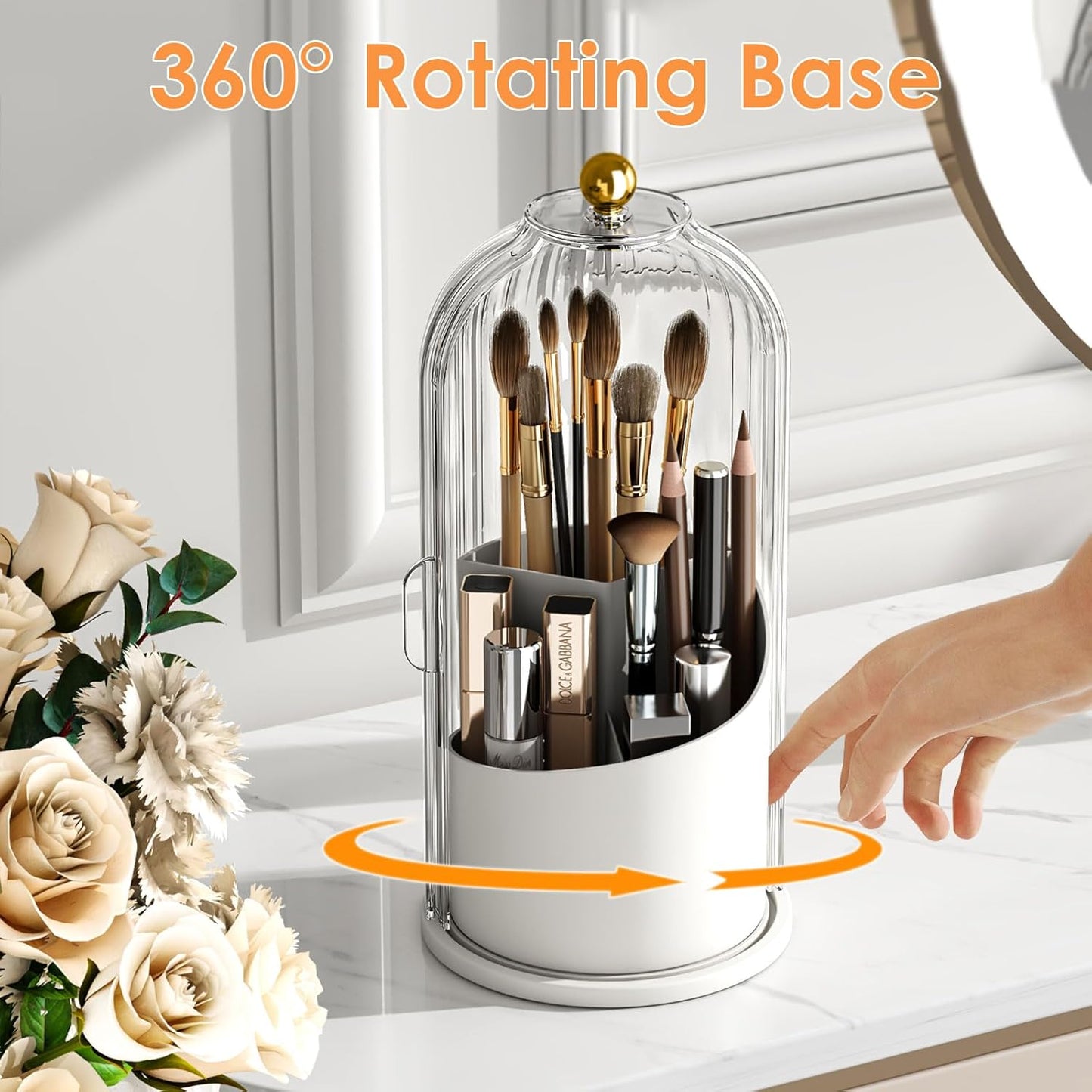 Makeup Brush Holder - 360 Rotating Clear Organizer with Lid for Vanity & Bathroom Countertop | Dustproof Design