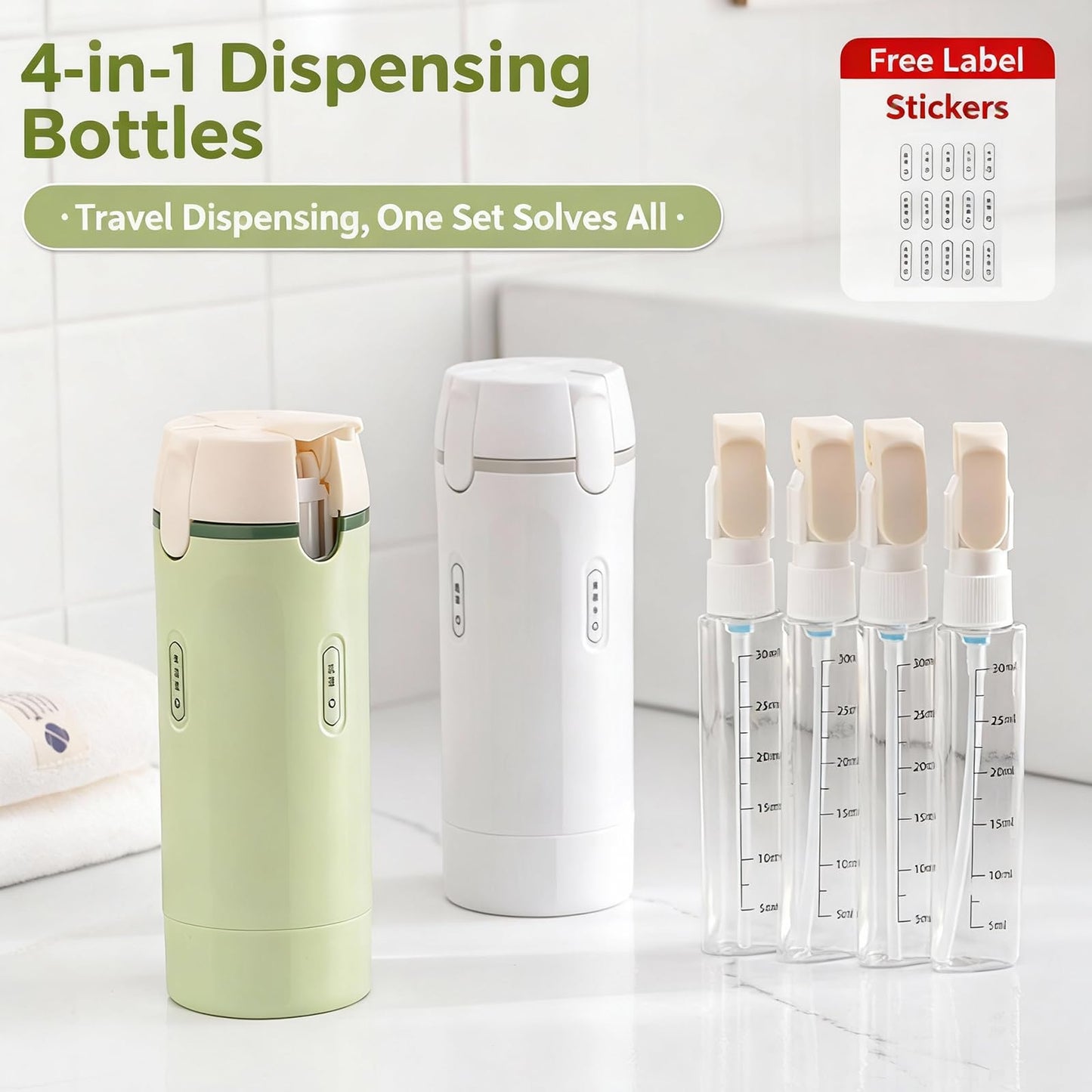4 in 1 Travel Dispenser Bottle,4 Pack 30ML Travel Bottles for Toiletries, Leak Proof Travel Size Containers (Light Green, OneSize)