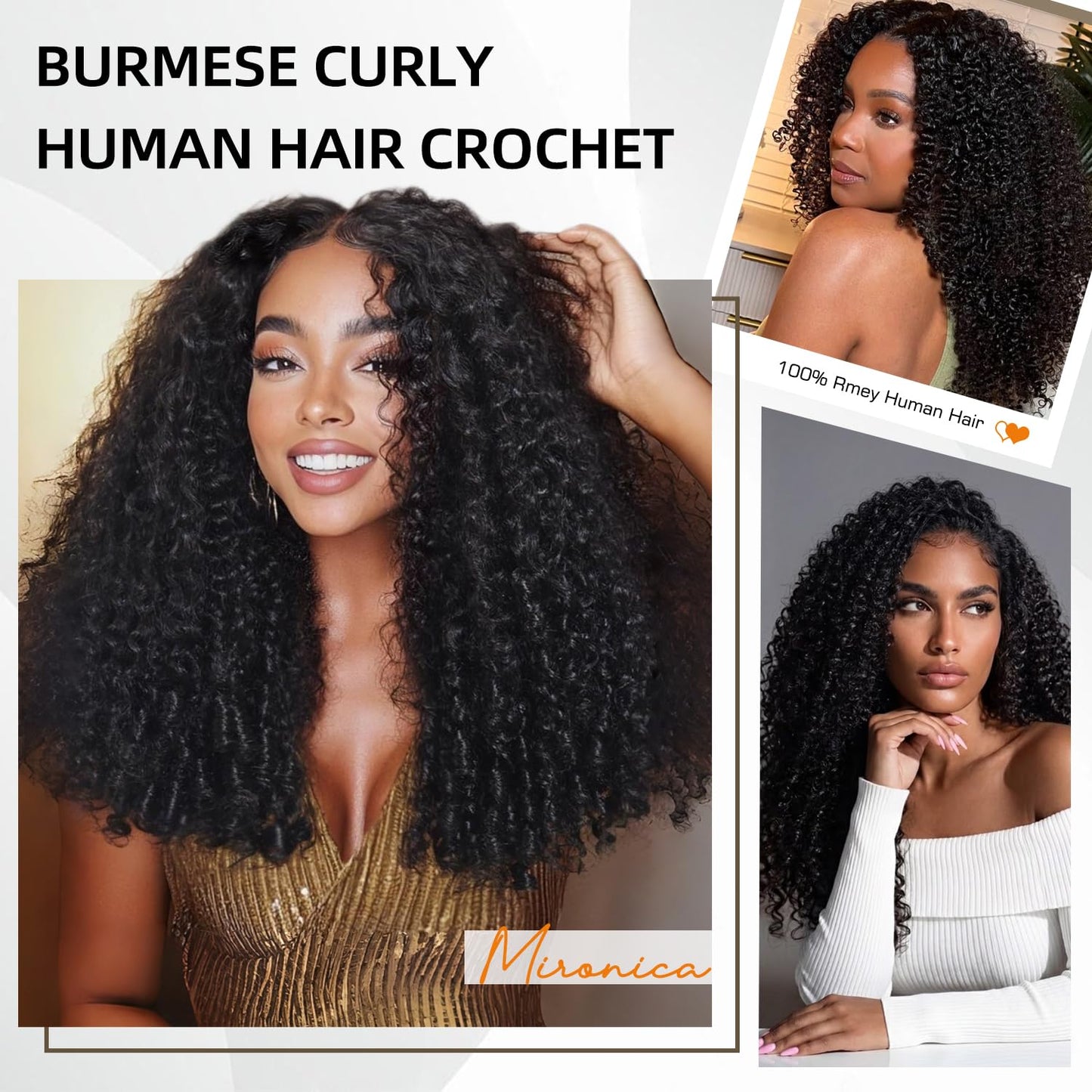Burmese Curly Human Hair Crochet Bundles - 16 Inch 120g Knotless Pre-Separated Water Curly Extensions | Natural Black Color