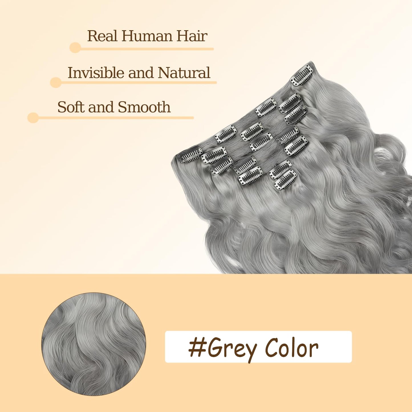 Grey Clip in Hair Extensions Real Human Hair, 20 Inch 120g/7Pcs,Full Shine Remy Human Hair,Gray Body Wave Clip ins Brazilian Virgin Human Hair Extensions