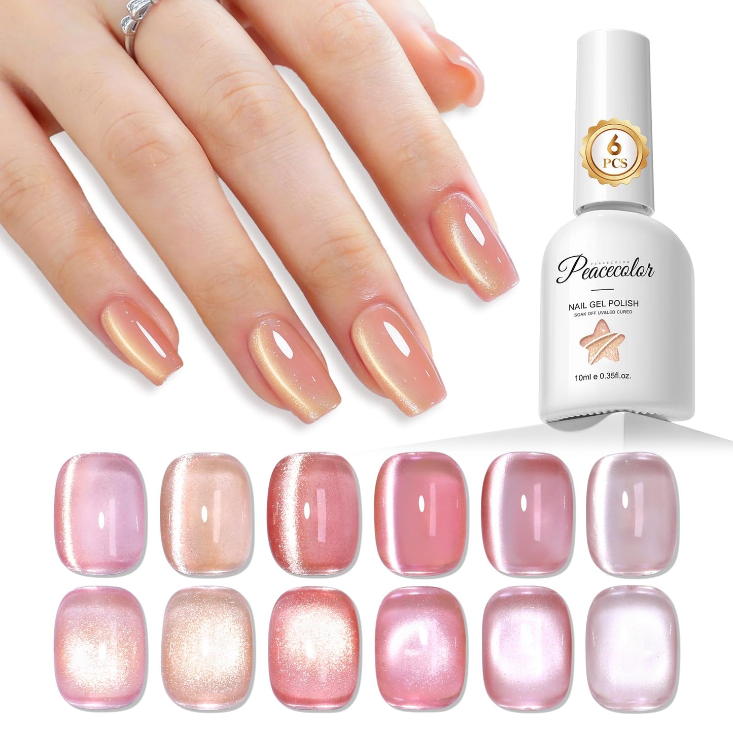 PEACECOLOR Cat Eye Gel Nail Polish Set, 6pcs 10ML Nude Red Pink Gold Jelly Cat Eye Gel Polish with Magnet Soak Off U V Salon DIY Manicure Gifts for Women