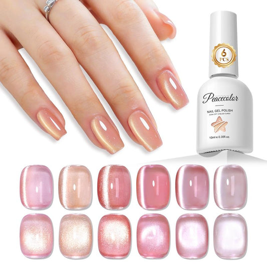 PEACECOLOR Cat Eye Gel Nail Polish Set, 6pcs 10ML Nude Red Pink Gold Jelly Cat Eye Gel Polish with Magnet Soak Off U V Salon DIY Manicure Gifts for Women