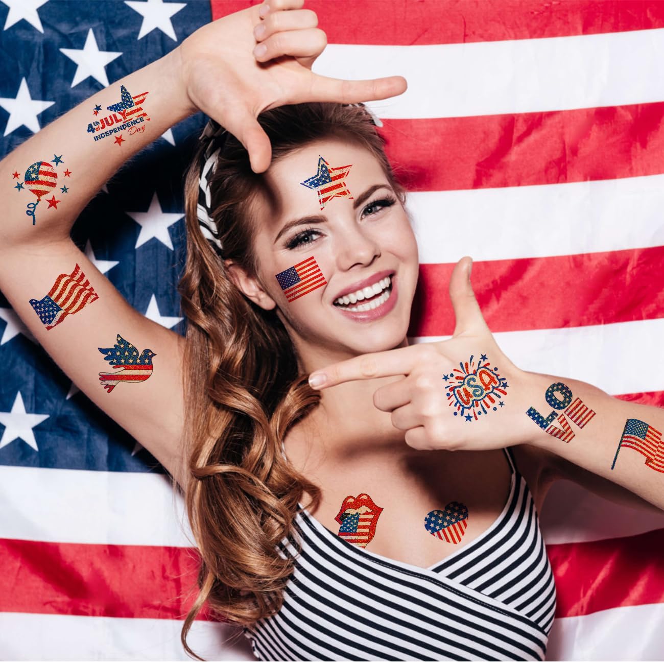 Glitter 4th of July Temporary Tattoos for Kids - 74 Sheets of American Flag Designs | Perfect Party Favors