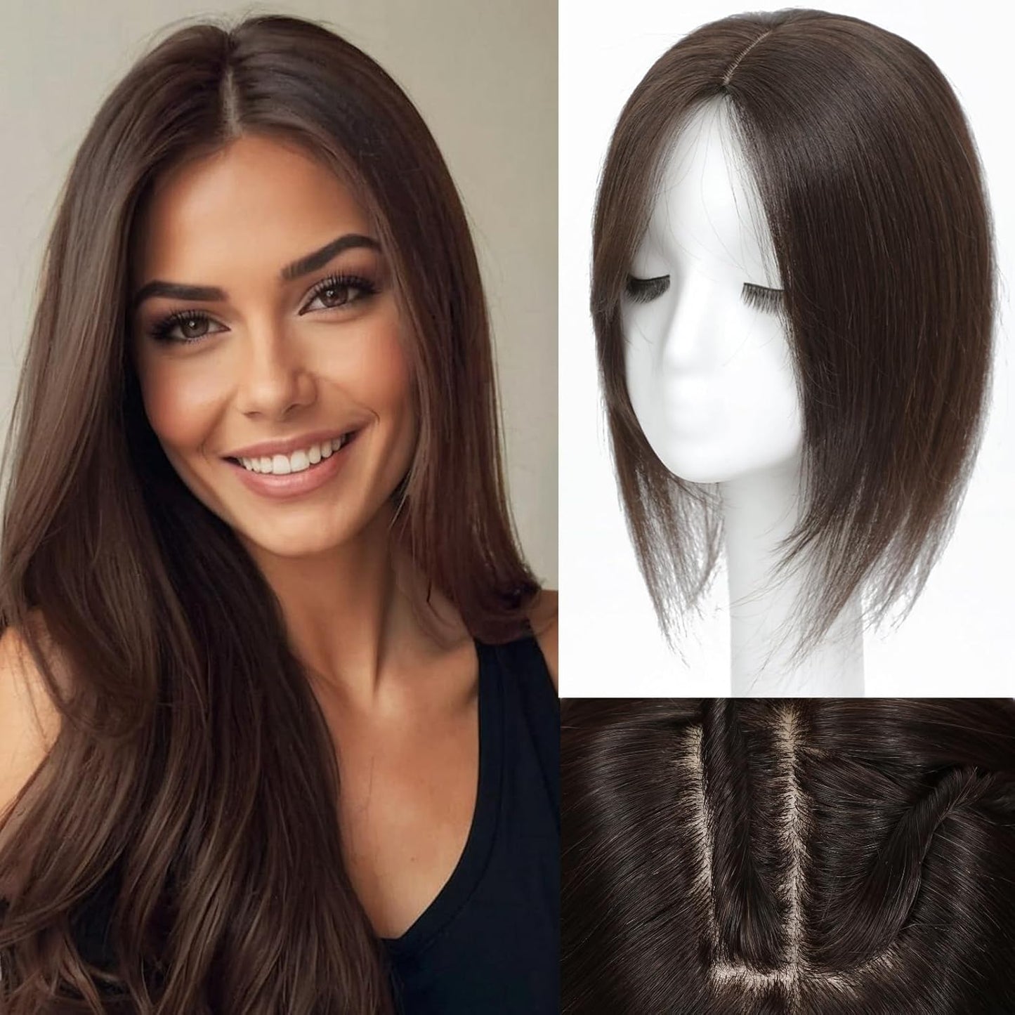 Hair Toppers for Women - Real Human Hair 14 Inch Clip-In Scalp Pieces | Dark Brown, 360° Coverage