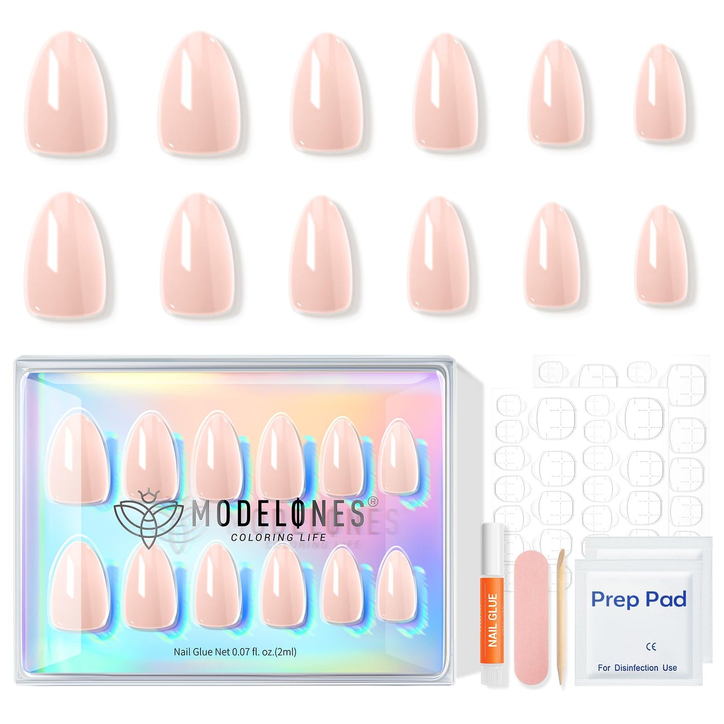 Modelones Chrome Pink Press on Nails, Summer Pearl Short Almond Fake Nails, Reusable Nail Kit with Nail Glue Adhesive Tabs Mini Nail File, Nails Press Ons 32 Pcs 16 Sizes